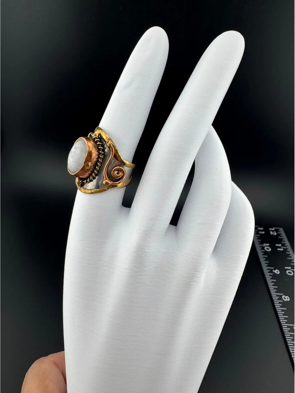 Adjustable Mixed Metal Ring with Natural Oval Stone Accent